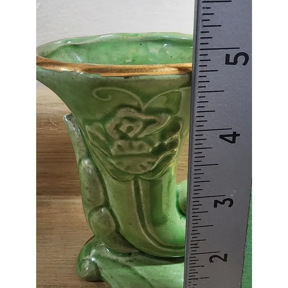 Apco American Bisque Green 22 Kt Gold Cornucopia Vase Hand Painted 4 3/4